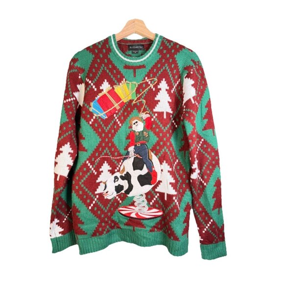 Blizzard Bay Ugly Christmas Sweater Sz S Rodeo Cowboy Santa Bull Riding Holiday - Picture 1 of 11